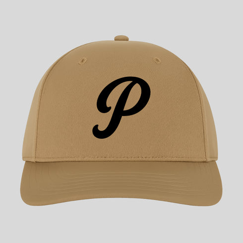 Beige cap with a black letter 'P' on a light gray background